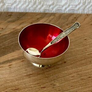 Vintage Meka Denmark Silver Plated Red Enamel Salt Cellar/Spoon Set